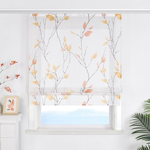 ESLIR Raffrollo mit Klettband Landhaus Gardinen Küche Transparent Raffgardinen mit Klettschienen Weiß Wohnzimmer Bändchenrollo mit Blattdesign Orange BxH 80x140 cm 1 Stück