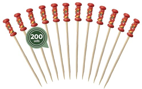 MAXI PRODUCTS - 200 Pinchos Bambú Decorados - 12 cm - Palillos para Aperitivos - Pinchos Degustación Catering - Palillos Cóctel, Fruta, Aperitivos - PINCHO BAMBÚ (Trenzado Rojo)
