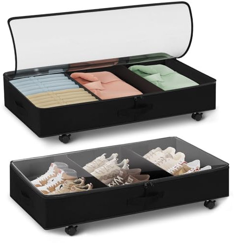 BTGGG 2 Stück Unterbett Aufbewahrungsbox mit Rollen, 44L Unterbettkommode mit Deckel & Verstellbar Trennwand, Oxford Faltbare Bettkasten Unterbettbox für Kleidung, Bettdecken, Bettwäsche, Schuhe