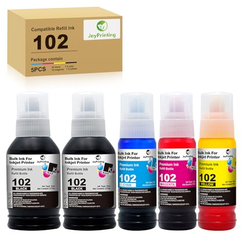 JoyPrinting 102 Multipack Kompatibel für Epson 102 Druckerpatronen Refill Tinte für EcoTank ET-2700 ET-2750 ET-2751 ET-2756 ET-2850 ET-2851 ET-2856 ET-3700 ET-3750 ET-3850 ET-4750 ET-4850 (5er-Pack)