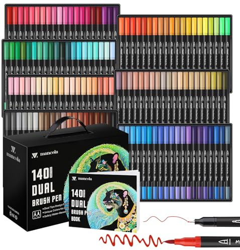 mancola 140 Colori Pennarelli Punta Fine per Acquerello, Pennarelli Doppia Punta per Adulti Brush Pen Lettering per Colorare, Disegnare Journaling e Calligrafia, Disegno, Pittura