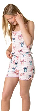 Disney Tutina senza maniche a righe rosa per bambine di Lilo & Stitch | Grazioso completo estivo con i cartoni animati Stitch & Angel | Elastico in vita, tasche