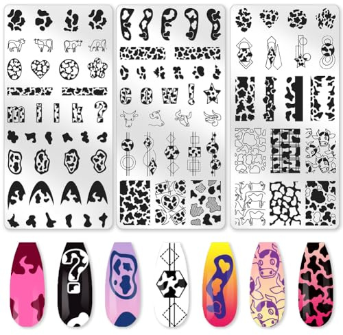 beinkmake 3Pcs Cute Cow Nail Stamping Plate Set Graffiti Spots Animal Heart ShapedStainless Steel Nail Templates Clear Silicone Nails Stamping with Stamper Scraper for Manicure Printing