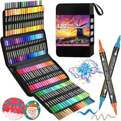 120 Pennarelli Acrilici Doppia Punta - Set di Pennarelli Acrilici con Punta Pennello e Punta Fina, Colorì Acrilici Pennarelli per Dipingere Sassi e Vetro, Confezionati in Borsa di Tela, Acrylic Marker