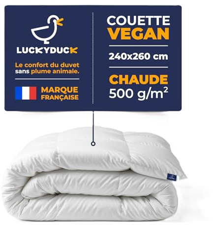 Couette Chaude Luckyduck 240x260 - Très Grand Format - Percale Coton Blanche - Garnissage Haute Densité - Confort Hivernal Optimal - Lavable en Machine