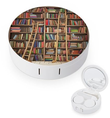 BVKWNTSA Tragbare, runde lustige Bücherregale Kollektion und Leiter bedruckte Kontaktlinsenbehälter ist stilvoll und kompakt, leicht zu tragen und schützt die Linsen.