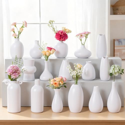 Kleines weißes Keramikvasen-Set mit 16 Stück, Mini-Blumenvasen für Blumen und Pampasgras, Boho-Mittelstücke für Party/DIY-Hochzeiten/Couchtisch/Thekendekoration, Schlafzimmer/Wohnzimmer/Heimdekoration