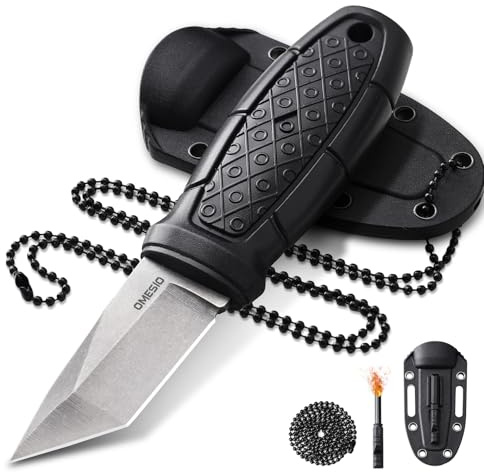 Omesio S-MY21 Tanto-kniv, utomhuskniv med 6 cm blad EDC, 5CR14MOV-stål PP-handtag, med ABS-slida, kulkedja, tändare, unisex, lämplig för vandring och camping
