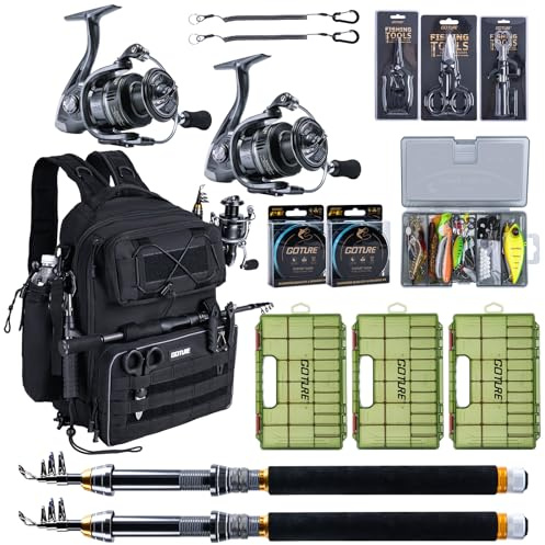 Goture Angelrucksack mit 3 Köderbox Angeln - Komplettset mit 2 Teleskop-Angelruten (24T Carbon 2,4m), Rolle, Köder Set, Werkzeug (Zange, Griff, Schere) & Köderset für Salz- und Süßwasserfischen