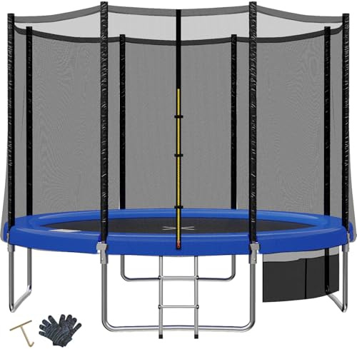 TRIUMPHKEY Cama Elástica Exterior para Niños Ø 183/228/305/366/427 cm, Trampolín de Jardín, Juego Completo con Red de Seguridad, Escalera, Cubierta de Borde, Capacidad de Carga 150 kg Azul