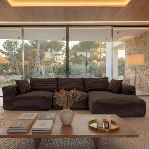 Mendler Sofa-Garnitur HWC-P20, 3-Sitzer Couch Loungesofa, Stoff/Textil Cord (370 g/m²) Liegefläche rechts - braun