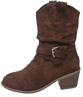 Botas holgadas de tacón grueso a media pantorrilla para mujer, botines de gamuza cómodos estilo vaquero, botines de vestir de tacón bajo, Brown, 37 EU