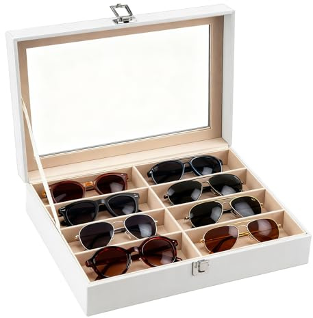 ColdShine Brillenbox für 8 Fächer Brillen Brillenkoffer Sonnenbrillen Aufbewahrung mit Sichtfenster Glasbox aus Kunstleder zur Aufbewahrung von Sonnenbrillen, Glas