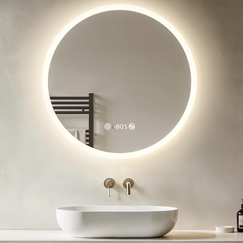 Heilmetz LED Badspiegel Rund 60cm mit Acrylrahmen, Badezimmerspiegel mit Beleuchtung & Uhr, Wandspiegel Beschlagfrei, 4300K Naturweißes Licht, Touch Schalter, IP44 Energiesparend für Badezimmer