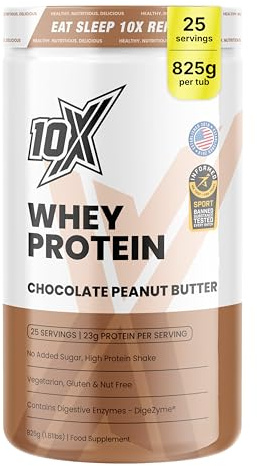 10X Athletic Whey Protein Powder - Choc Peanut Butter 825g (25 Servings) | 23g Protein | Grass Fed Whey | Pre Workout, Intra & Post | Muscle Growth & Digestive Enzymes | Informed-Sport Certified