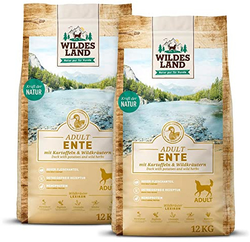 WILDES LAND – Ente | Trockenfutter mit extra hohem Fleischanteil und natürlichen Zutaten für ausgewachsene Hunde. Alleinfutter ohne Zusatzstoffe im Beutel | 24kg Ente