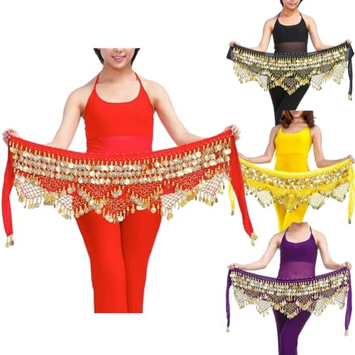 Wuchieal Damen Profi Zumba Rock Bauchtanz Hüfttuch mit Münzen Gürtel Röcke (Rot, OneSize)