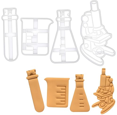 BAKERLOGY Set of 4 Laboratory Equipment cookie cutters (Designs: Beaker, Microscope, Test Tube, and Conical Flask) - Detailed Biscuit Cutter Design for Baking and Crafts, ideal on fondant, dough, clay