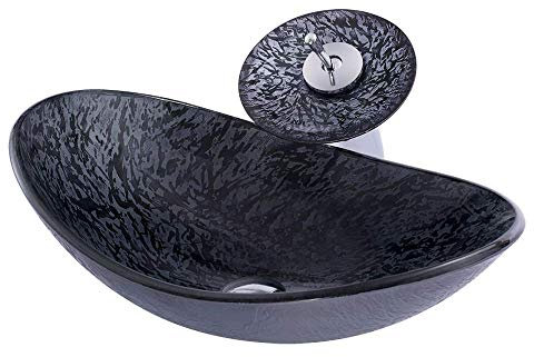 HomeLava Gehärtetes Glas Waschbecken Set Oval Schwarz mit Wasserfall Armatur Set und Abflussgarnitur Set