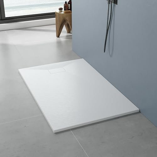 AQUABATOS SMC Duschwanne 140x90 cm 32 mm Weiß Rechteckig Duschtasse Rutschfest Bodengleich Ebenerdig Montage Steinoptik Schieferoptik Superflach (Abdeckung Siphon/ablaufgarnitur nicht Inklusive)