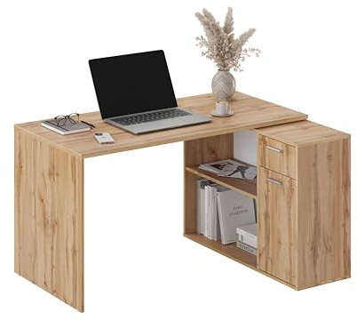RICOO Eckschreibtisch mit Stauraum Eiche Braun WM083-EW L Form Schreibtisch mit Schubladen 136x101x75 cm Computertisch Bürotisch PC Tisch Ecke Winkelschreibtisch Schreibtische Holz