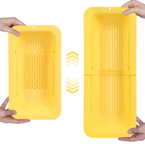 BLUE GINKGO Over The Sink Colander Strainer Basket - Wash Vegetables and Fruits, Drain Cooked Pasta - Extendable - Kitchen Essentials (7.9 W x 14.5-19.5 L x 2.75 H) - Yellow