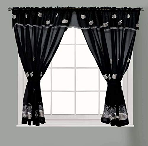 THL Kitchen Curtain with Pelmet Window Net Curtain Tieback in Embroidered Damask Flock (Black, 48 x 42 cm)