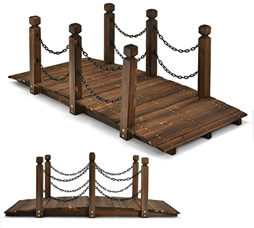 RELAX4LIFE Pont de Jardin en Sapin Carbonisé avec Chaînes de Sécurité Inoxydable, Pont d'étang pour Décoration Extérieure Charge Max 225 KG, 150 X 67 X 55 CM