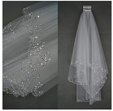 TGRTY Braut Hochzeitsschleier Weiß Elfenbein Frau Brautschleier Brautschleier 2 Schichten 75CM handgemachte Pailletten Wulstrand mit Kamm Hochzeit Zubehör Wunderschöner Brauttüll