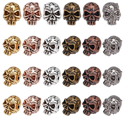 PandaHall Totenkopfperlen, 24 stücke 6 Stile Zinklegierung Skelett Kopf Perle Charms Lose Abstandsperle Für Männer Original Armband DIY Ohrring Halsketten Und Halloween Home Party Dekorationen