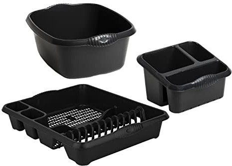 JMS we create smile Plastic Large Kitchen Sink Set of 3 Rectangular Washing Up Bowl, Sink Tidy and Large Dish Drainer (Black)