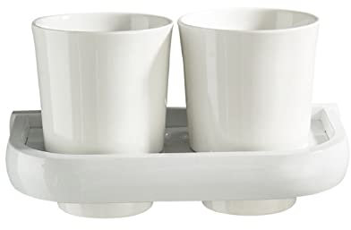 Spray in plastica con tazza in ceramica bianca portabicchieri per collutorio da bagno portabicchieri da bagno con doppia tazza