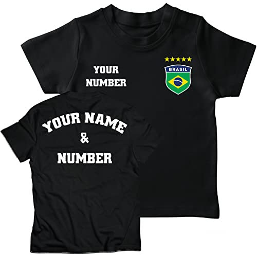 lepni.me Maglia per Bambini Maglietta da Calcio Brasile con Tuo Nome e Numero | Distintivo Bandiera Brasiliana Personalizzata | Coppa del Mondo 2022 (3-4 Anni Nero Multicolore)