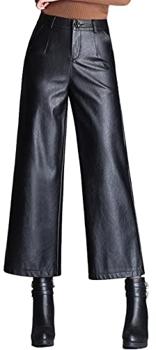Lucrosun Women's High Waist Wide Leg PU Leather Palazzo Pants Culottes Black (Black-M)