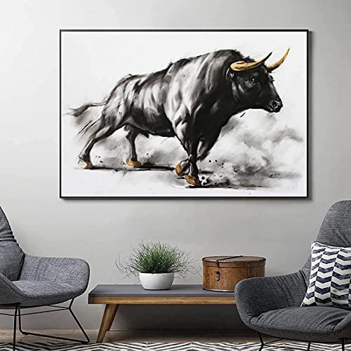 HTWLMM Stierkampf Schwarzer Stier Leinwand Malerei Bilder Tier Vintage Poster Kunstdruck für Wohnzimmer Schlafzimmer Wandbilder Deko Rahmenlos (80X120CM)