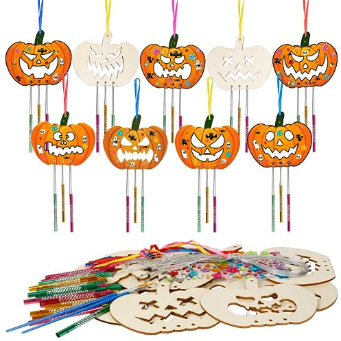 WEDNOK 9 Stück Kürbis Windspiel Bastelset Halloween Basteln Kinder Holz Bastelhandwerk zum Bemalen Pumpkin Holzbastelset Klangspiel Kreativsets für Mädchen Junge Halloween