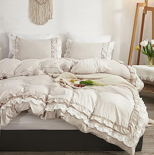 GETIYA Damen Mädchen Bettwäsche 155x220 Romantisch Rüschen Khaki Weiß Weich Mikrofaser Dekoration Aesthetic Bettbezug Einzelbett mit 1 Kissenbezug 80x80, Beige-rüschen