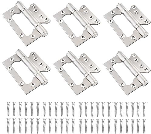 QINGHEC 6 Pcs Heavy Duty Flush Hinges 100mm, Stainless Steel Ball Bearing Hinges, Flush Fit Butt Hinge, Flush Exterior Door Hinges with Screw for Internal and External Doors, Gates