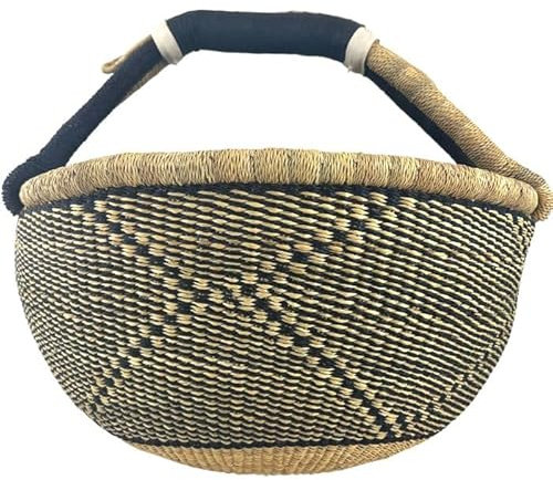 Bolga Korb Afrika - XXL - Das Original aus Ghana - Bunt - Fair Trade - Rund - Viele Farben - Afrikanischer Graskorb mit Ledergriff - Flechtkorb 30-40 cm - Rundkorb mit Wunschdesign (Mandela)