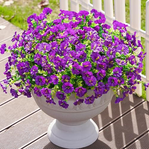 Künstliche Blumen, künstliche Pflanzen für Außendekoration, 12 Bündel, violette Seide Morning Glory mit Eukalyptus, realistisch, UV-beständig, Kunstblumen, Grün für den Außenbereich, Pflanzgefäß, Hof