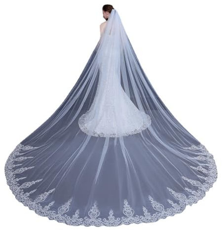 XIUWOUG 1Tier Langer Boden Schleier Dame Braut Kathedrale mit Kamm, langes Ballkleid Spitzen Stickerei, Hochzeit saccessoire 138 Zoll,Weiß