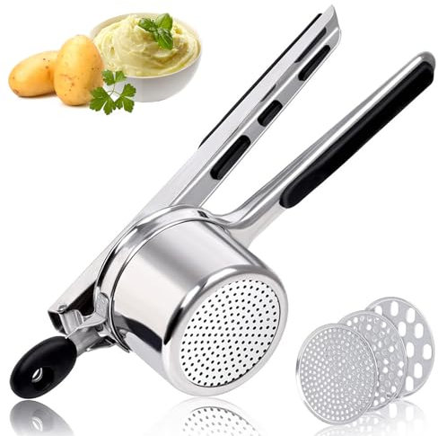 Kartoffelpresse 450ml aus Edelstahl, Robuster Kartoffelstampfer mit 3 Austauschbare Scheiben, Küchenwerkzeug für Kartoffelpüree, Spätzle, Gnocchi, Gemüse und Saucen