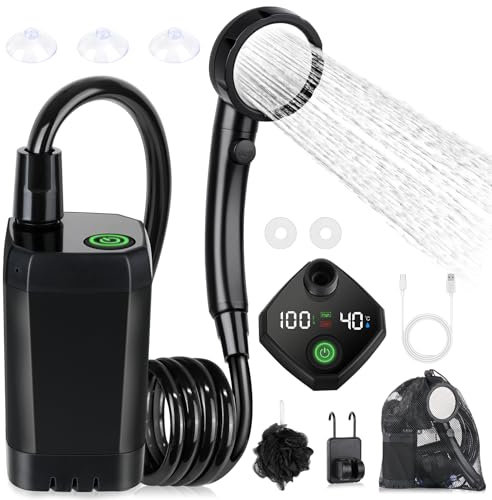 Doccia da Campeggio, [Ricaricabile 6000mAh] Spopal Doccia Portatile Campeggio, Doccia Campeggio con Display di Temperatura e Potenza, Doccia Esterna per Spiaggia, Lavaggio Auto Giardino, Animali, Nero