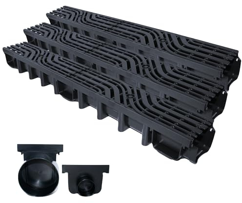 Entwässerungsrinne Belastungsklasse C250 25 Tonnen, 63mm/98mm/148mm Gußrost komplett SET Wellenmuster (3m 98mm + 2 Stirnwände)