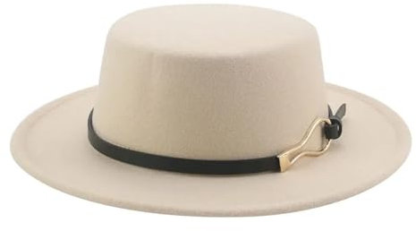 FULUJIDI Fedora Trilby Filzhut Hut Hüte Für Frauen Fedora Hüte Flach Lässig Formal Solide Jazz Caps Band Gürtel Breite Krempe Kappen Männer Frauen 56-58Cm (Erwachsene) Beige