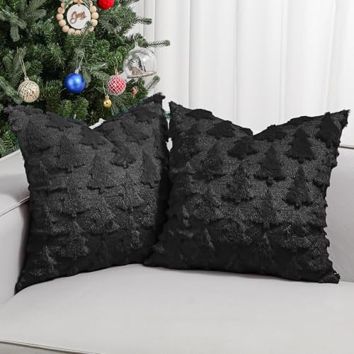 Lewondr Weihnachten Kissenbezug 45x45 cm, Satz von 2 Kunstpelz Kissenbezüge Samt Weihnachtsbaum Stickerei Dekorative Kissenbezug für Wohnzimmer Bett Couch Sofa Auto Home Decor, Schwarz