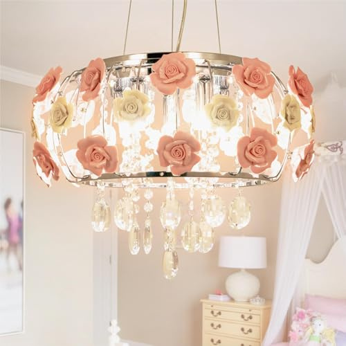 RuiWing Home Romantic Pink Chandelier Ceramic Rose Flower Chandelier, Modern Crystal Pendant Lamp Hanging Ceiling Mount Light for Girls Room Bedroom Decoration 5-Light (Pink)