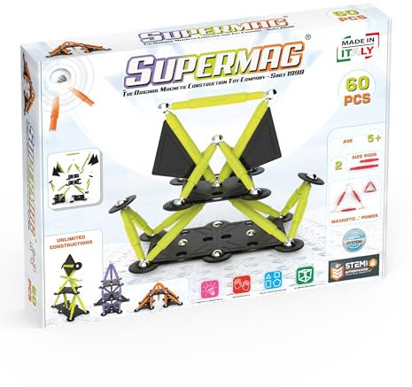 Supermag - Technicolor Magnetbaukasten - 60 Teile - Kinderspielzeug Ab 5 Jahren - Patentiertes System Basierend auf STEM-Programmen - Made In Italy