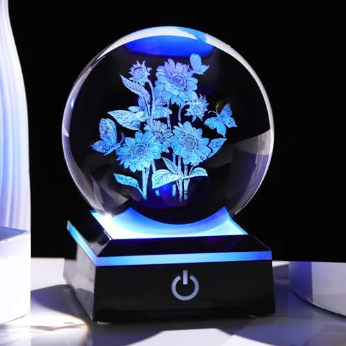 Movdyka 3D-Sonnenblume mit Schmetterling, Kristallkugel, 8 cm, Geburtstagsgeschenke für Mütter, Schwestern, Glasblumen-Ornamente, gravierte Schmetterlinge mit LED-Lichtern, Blumenfigur, Geschenke für