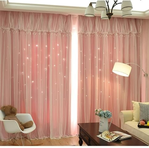 Bishilin Vorhänge Blickdicht 2 Set Rosa 107x214CM, Verdunklungsvorhänge Haken Fantastisch Doppellagig mit Sternen Motiv Gardinen Polyester Wohnzimmer Jugendzimmer Schlafzimmer